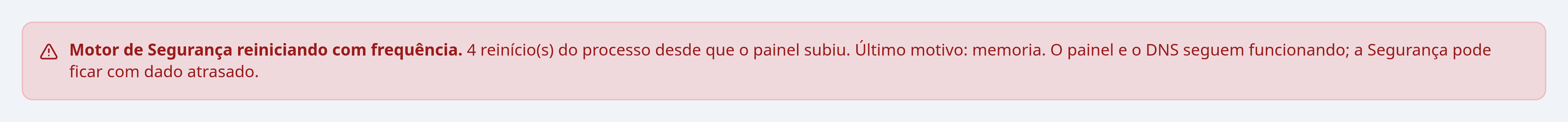 Aviso na tela de Segurança informando que o motor de detecção reiniciou várias vezes
