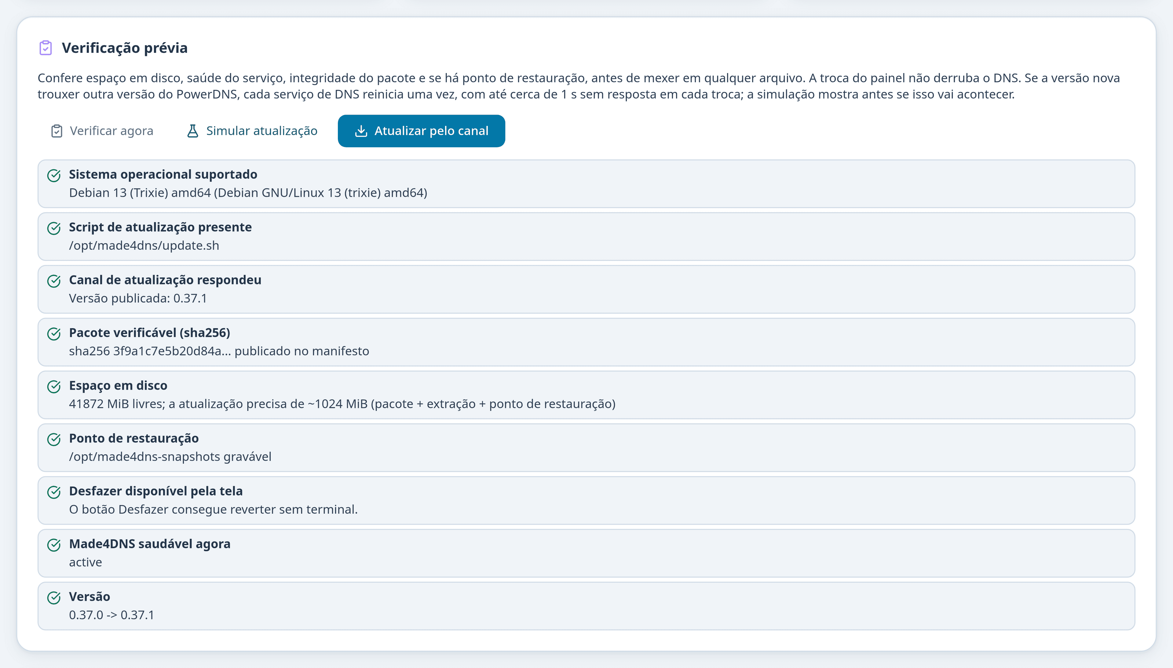 Verificação prévia da atualização com o item Sistema operacional aprovado