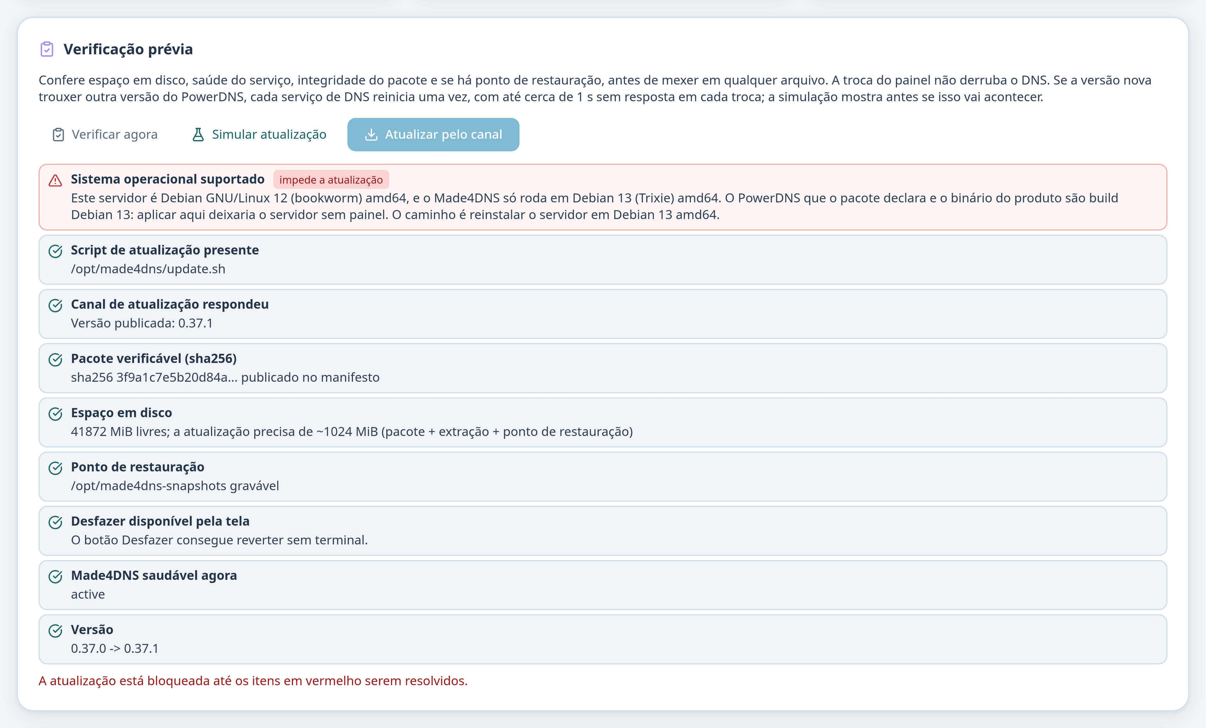 Verificação prévia da atualização com o item Sistema operacional recusado e o botão de atualizar bloqueado