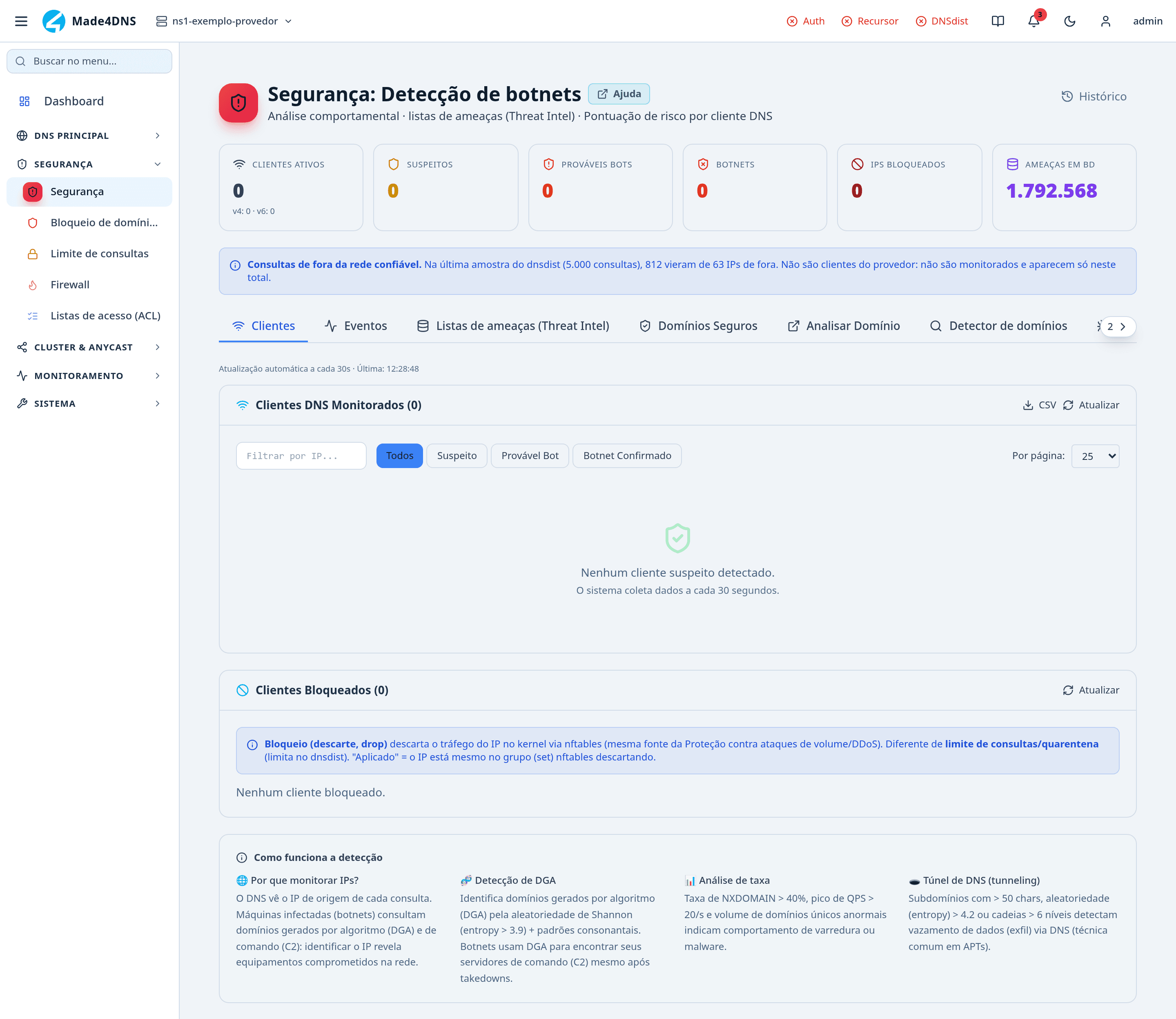 Tela de Segurança com o aviso Consultas de fora da rede confiável