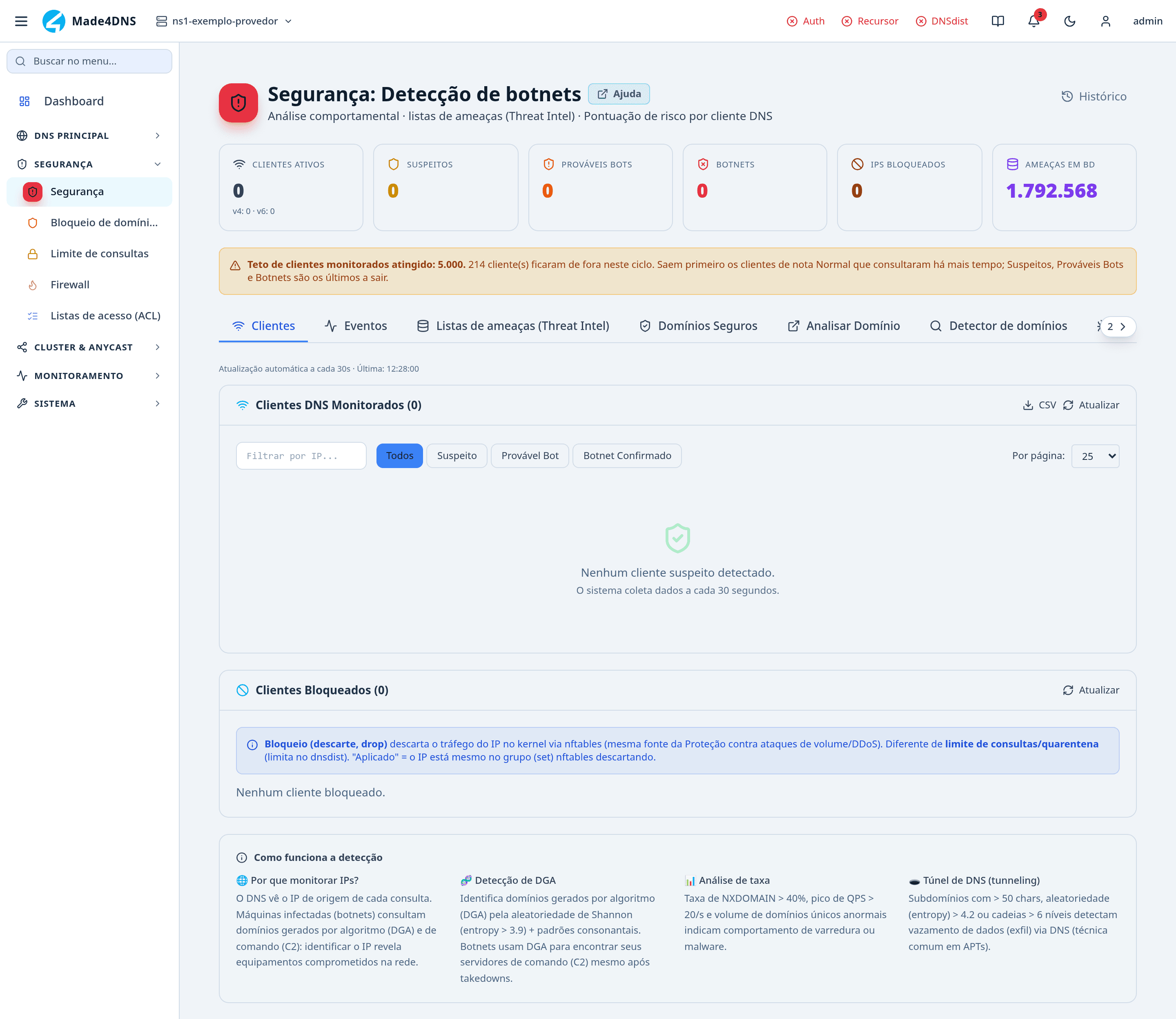 Tela de Segurança com o aviso Teto de clientes monitorados atingido: 5.000