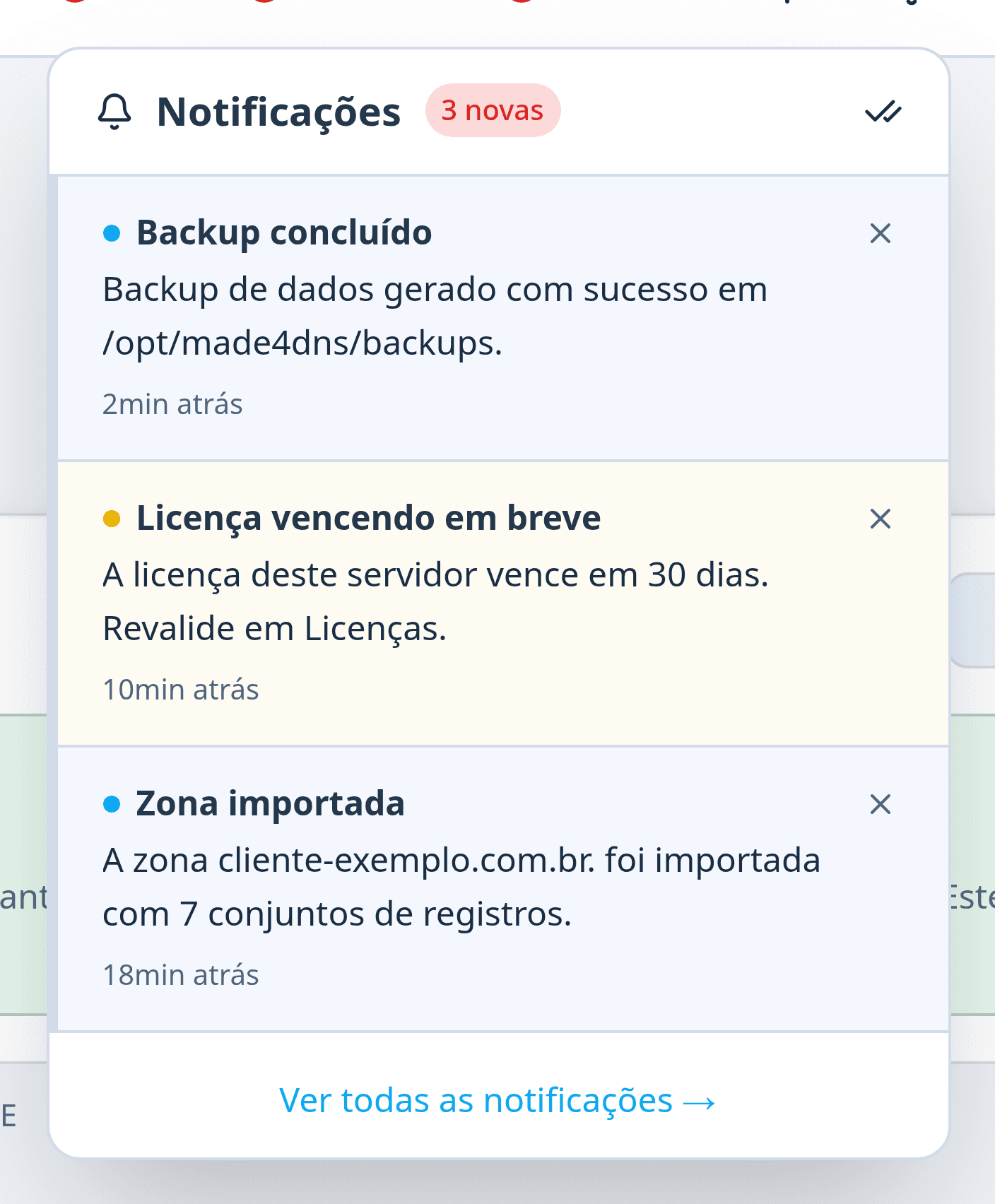 Sino de notificações aberto, com avisos de backup concluído, licença vencendo e zona importada
