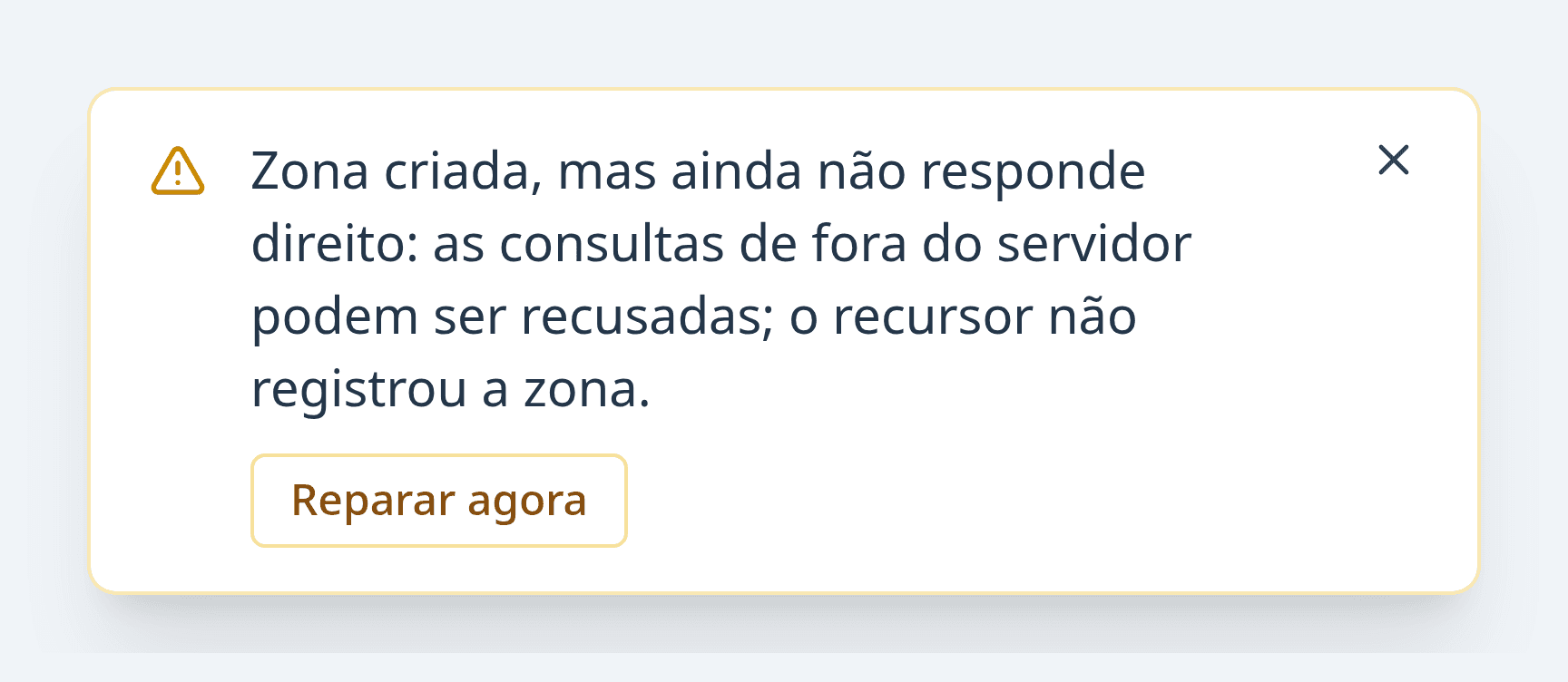 Aviso Zona criada, mas ainda não responde direito, com o botão Reparar agora
