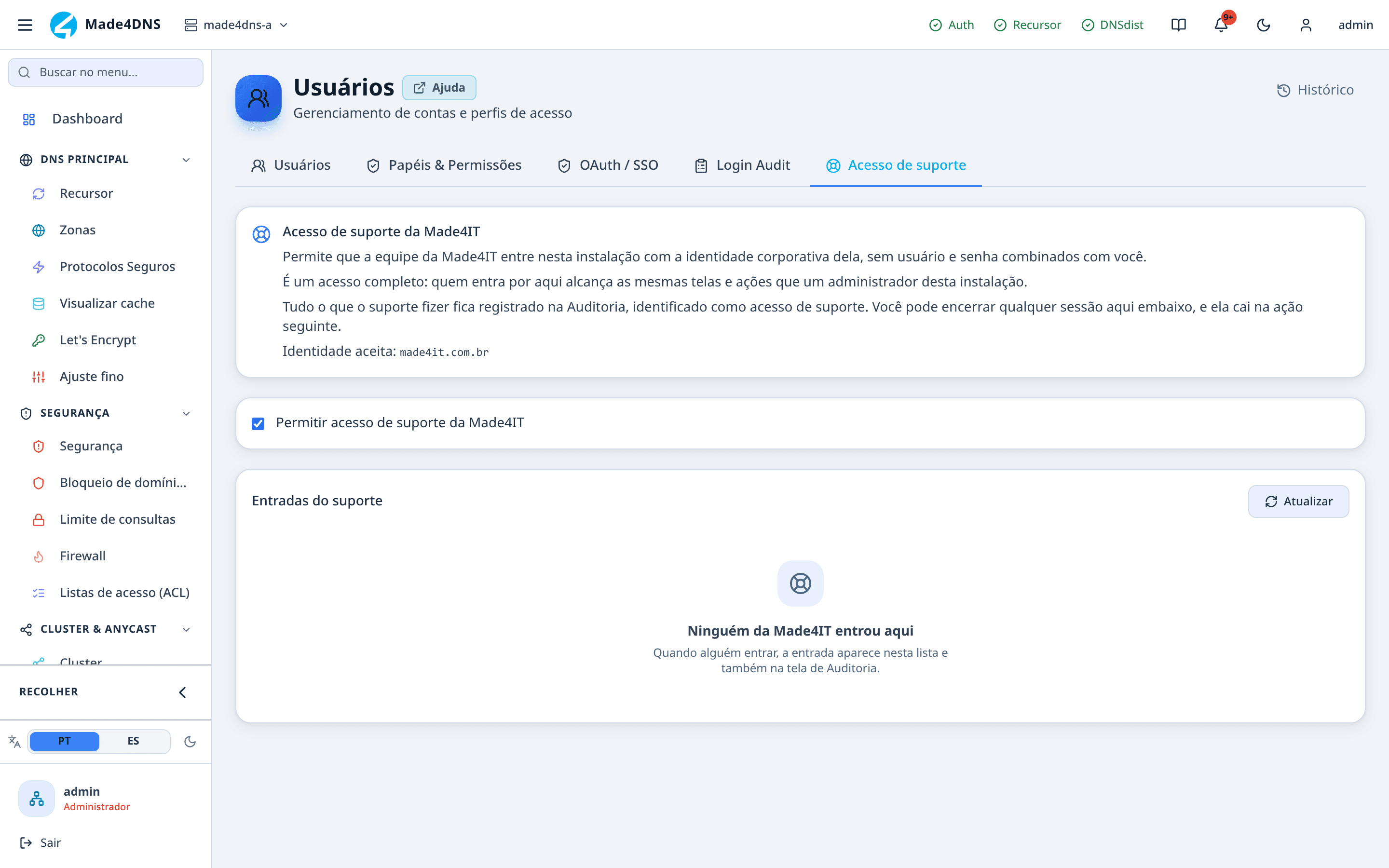 Aba Acesso de suporte, com o interruptor que libera a entrada do time da Made4IT e a lista de entradas